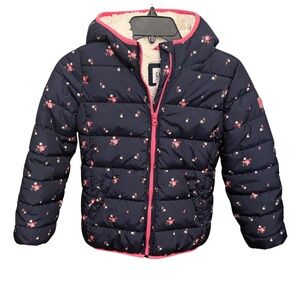GAP Kids Floral Puffer Jacket Sherpa Lined Navy Pink Girls Medium Coat